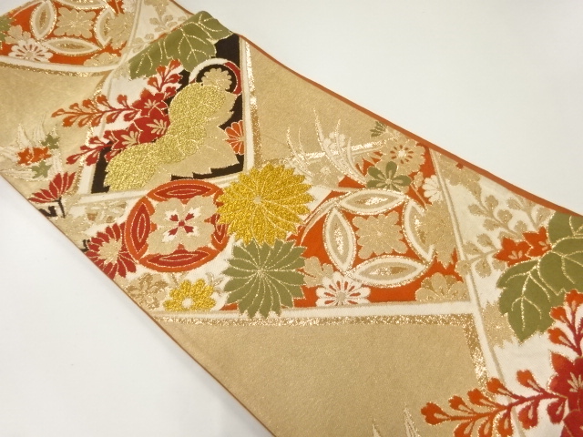 アンティーク　変わり檜垣に菊桐模様織出し袋帯（着用可）